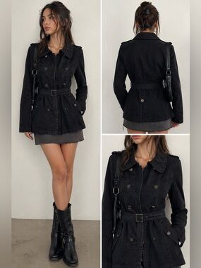 AMBITION Black Lightweight Utility Jacket with Belt and Military Style Buttons